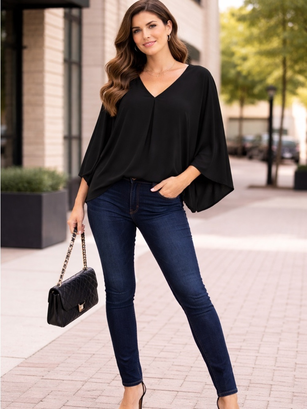 Black V-neck Long Top